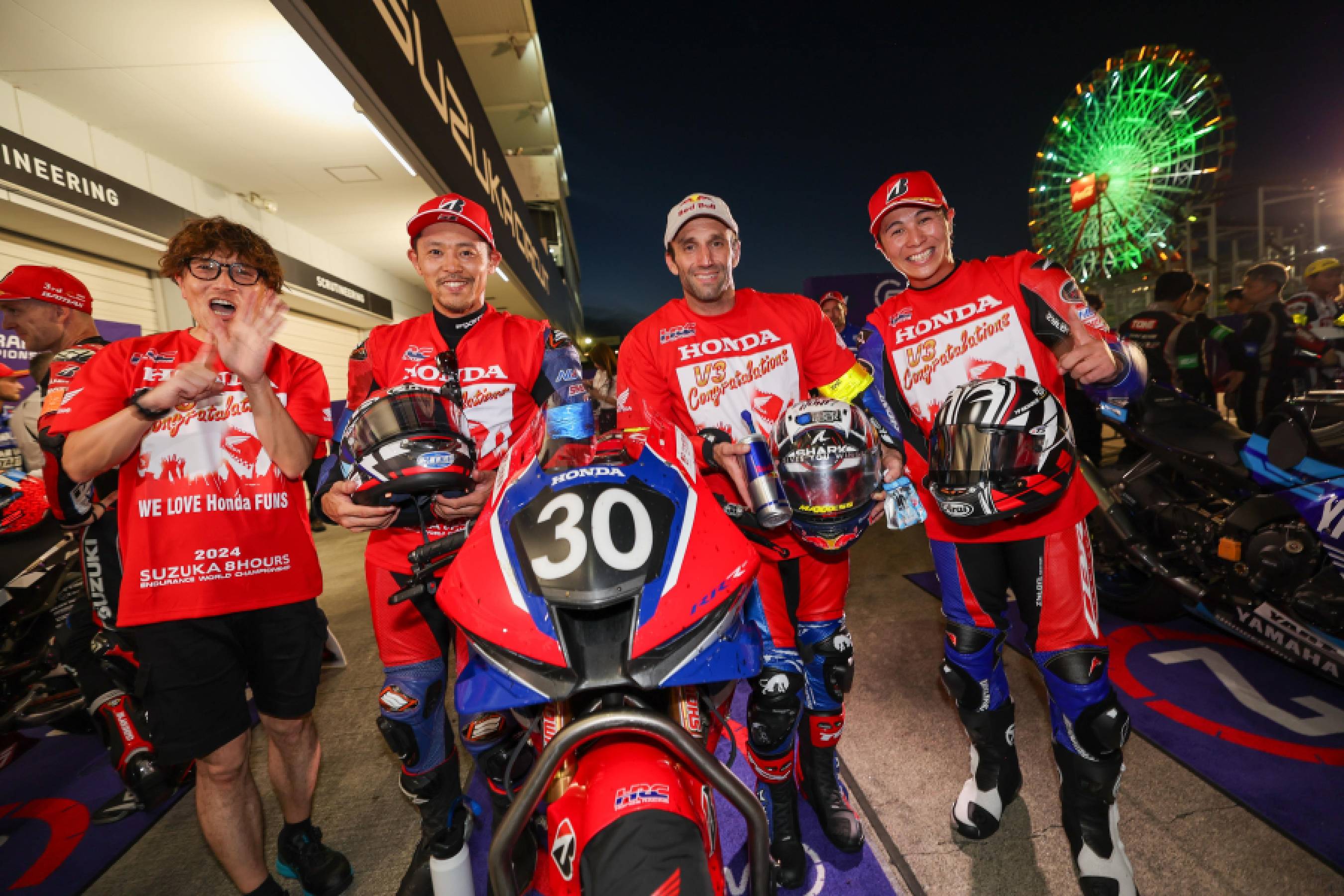 Team HRC with Japan Post wins its third consecutive Suzuka 8 Hours victory, marking Honda's 30th win in the Suzuka 8 Hours
