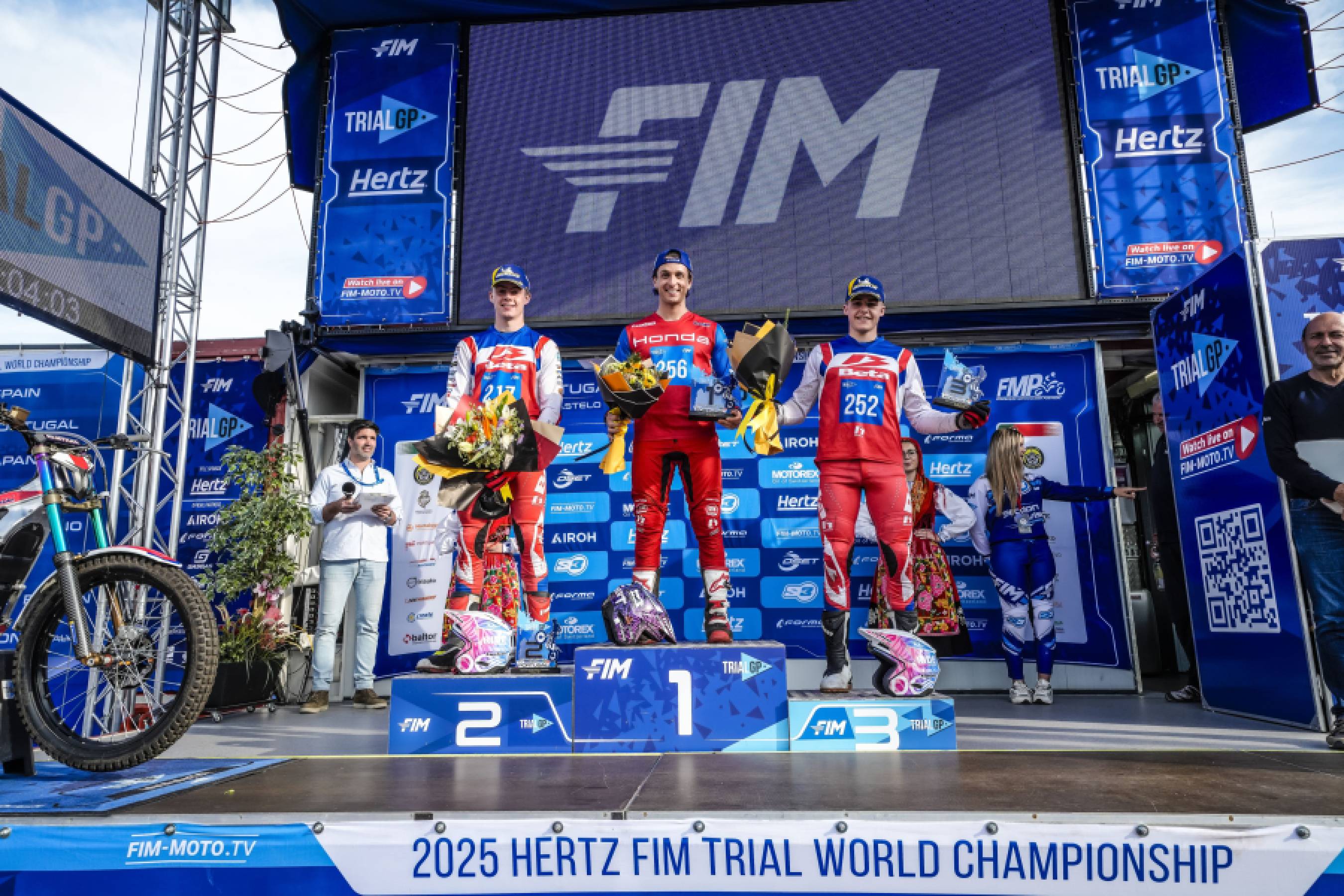 The podium at Round 2, Portugal, where Gelabert claimed his first win on the Honda RTL ELECTRIC