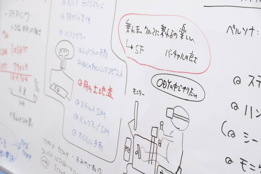 eMSチームの作業部屋に置いてあるホワイトボード。メンバーは「落書きですよ」と笑みを見せるが、大事なアイデアノートとなっている